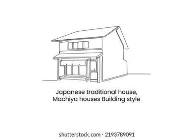 Single one line drawing Machiya houses Building style in Japan. Traditional house concept. Continuous line draw design graphic vector illustration.