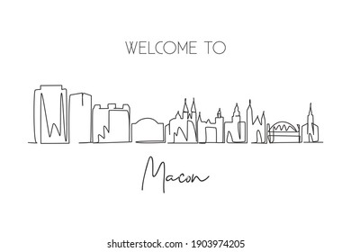 Single one line drawing Macon city skyline, Georgia. World historical town landscape. Best holiday destination postcard. Editable stroke trendy continuous line draw design graphic vector illustration