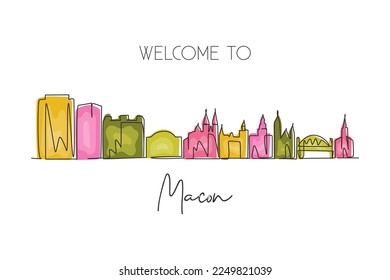 Single one line drawing Macon city skyline, Georgia. World historical town landscape. Best holiday destination postcard. Editable stroke trendy continuous line draw design graphic vector illustration