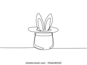 Single one line drawing the magic hat was turned upside down  then there were rabbit ears sticking out it  A magic show at circus performance  One line draw design graphic vector illustration 