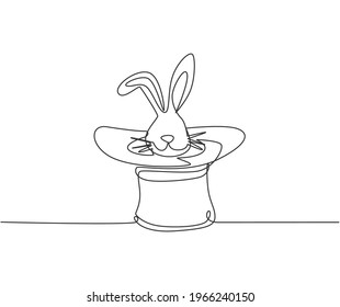 Single one line drawing the magic hat was turned upside down, then a rabbit's head popped out of it. A magic show that managed to amaze the audience. One line draw design graphic vector illustration.