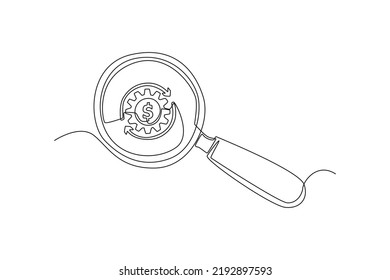 Single one line drawing magnifying glass for zooming dollar symbol. Financial technology concept. Continuous line draw design graphic vector illustration.