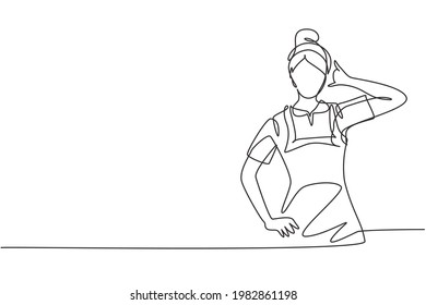 Single one line drawing maid in hotel with call me gesture and in neat uniform. Tidying up messy bed in hotel room. Professional person. Modern continuous line draw design graphic vector illustration