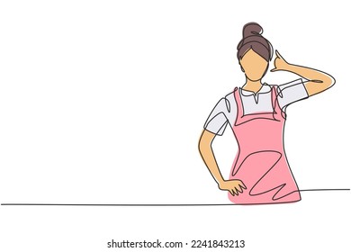 Single one line drawing maid in hotel with call me gesture and in neat uniform. Tidying up messy bed in hotel room. Professional person. Modern continuous line draw design graphic vector illustration