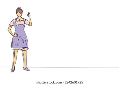 Una única doncella de dibujo en el hotel estaba de pie con una mano en la cintura y la otra con gesto bien. Trabajando con gran hospitalidad. Ilustración de líneas continuas moderna de diseño gráfico vectorial