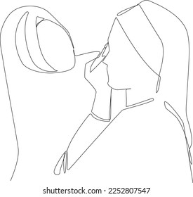 El dibujo de una sola línea forma a la artista musulmana solicitando maquillaje a su amiga en una habitación de maquillaje. Concepto de actividad cosmetológica. Ilustración gráfica de vector de diseño de línea continua.