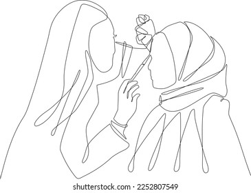 Single one line drawing make up artist muslim applying make up to her friend in make up room. Cosmetology activity concept. Continuous line draw design graphic vector illustration.