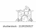 Single one line drawing male musician, jazz, rock and roll playing drum instruments, percussion. Music festival, pop concert, wedding party performance. Continuous line draw design vector illustration