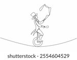 Single one line drawing male juggler juggling clubs on a unicycle and on a rope.  The experienced professional. Great balance. International Jugglers Day. Continuous line design graphic illustration