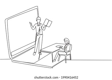 Single one line drawing male teacher standing in front of laptop screen holding book and teaching female junior high school students sitting on benches around desk. Draw design graphic illustration