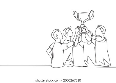 Single one line drawing male athlete team in sports jersey holding golden trophy together. Celebrating victory of international championship. Continuous line draw design graphic vector illustration