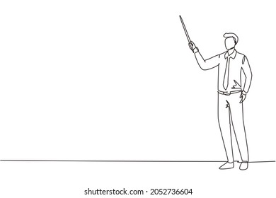 Single one line drawing male teacher, professor standing in front of class with pointer stick teaching lesson. School teacher in tidy shirt with tie. Continuous line draw design vector illustration