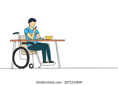 Single one line drawing male young wheelchair user eating food sitting at the table. Having lunch, snack in cafe. Society and disabled people. Continuous line draw design graphic vector illustration