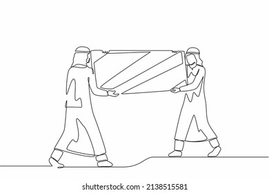 Single one line drawing male loaders carrying big mirror to new office  Two Arab businessmen and furniture in building hall  Moving to new apartment  Continuous line draw design vector illustration