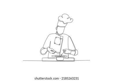 Single one line drawing male chef make a food in a modern kitchen. Hotel activity concept. Continuous line draw design graphic vector illustration.