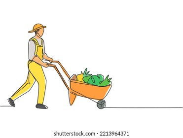 Single one line drawing of male farmer pushes the wheelbarrow trolley filled with fruits. A successful harvest activity minimalist concept. Continuous line draw design graphic vector illustration.