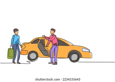 Un solo dibujo de una línea de taxistas hombres está invitando a los posibles pasajeros a entrar y llevarlos a su destino. Ilustración gráfica del vector de diseño de líneas continuas modernas.