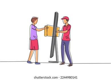 Single one line drawing male courier delivers box package, through monitor screen to male customer. Online delivery service concept. Modern continuous line draw design graphic vector illustration