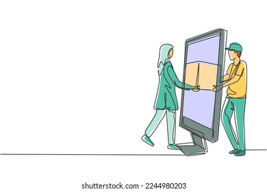 Single one line drawing male courier delivers box package, through monitor screen to hijab female customer. Online delivery service. Modern continuous line draw design graphic vector illustration