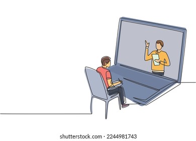 Single one line drawing male student sitting studying staring at giant laptop screen and inside laptop there is male lecturer who is teaching. Continuous line draw design graphic vector illustration