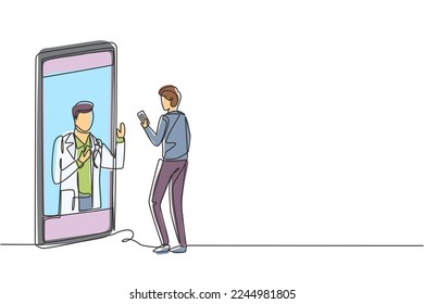 Single one line drawing male patient holding smartphone standing facing giant smartphone and consulting male doctor. Doctor online. Modern continuous line draw design graphic vector illustration