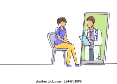 Single one line drawing male doctor holding clipboard checking condition of female patient sitting on chair. Online consultation concept. Modern continuous line draw design graphic vector illustration