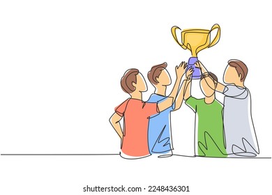 Single one line drawing male athlete team in sports jersey holding golden trophy together. Celebrating victory of international championship. Continuous line draw design graphic vector illustration