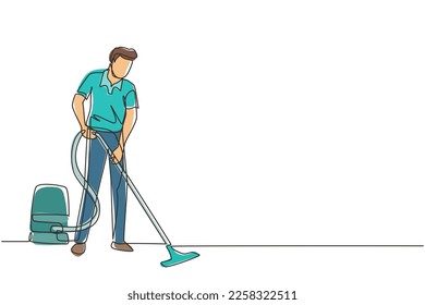 Single one line drawing male professional busy janitor vacuum cleaning indoors, floor office cleaning, young, happy, wearing uniform, protective gloves. Continuous line draw design vector illustration