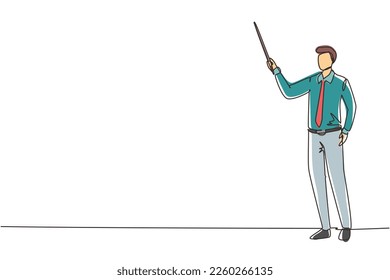 Single one line drawing male teacher, professor standing in front of class with pointer stick teaching lesson. School teacher in tidy shirt with tie. Continuous line draw design vector illustration