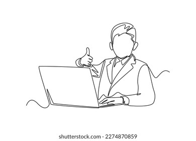 Single one line drawing of a male using a laptop while giving a thumb up. Employee appreciation day concept. Continuous line draw design graphic vector illustration.