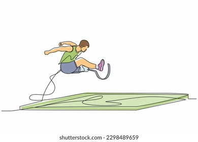 Single one line drawing male athlete amputee on prosthetic leg long jump competition at athletics. Long jump disability games. Disabled sport. Continuous line draw design graphic vector illustration