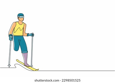 Single one line drawing male athlete skier without legs skiing in snow.  sportsman with skis and poles in glasses in winter. Sport, tournament. Continuous line draw design vector illustration