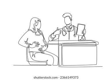 Single one line drawing of male obstetrics and gynecology doctor talking to female patient giving suggestion and advice with thumbs up gesture. Continuous line draw design graphic vector illustration