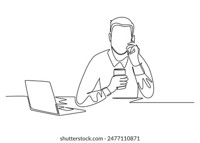 Single one line drawing male manager drink coffee in front of laptop and receiving phone call from business colleague. Office work load concept. Continuous line draw design graphic vector illustration