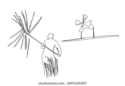 Un granjero macho de una sola línea que dibujaba apuñalaba un pajar y lo enrollaba con palo de paja. Concepto de minimalismo. Ilustración vectorial gráfica de diseño de dibujo de una línea.