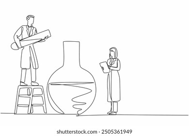 Single one line drawing male scientist pours liquid into a large measuring flask. Working together in the lab to conduct research. Celebrate Scientists Day. Continuous line design graphic illustration