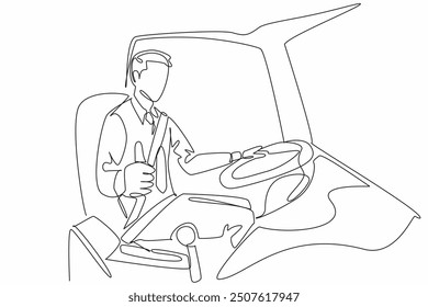 Single one line drawing male bus driver giving thumbs up gesture. Break time is over. Signal. Code. Ready to go on duty. Transit Driver Appreciation Day. Continuous line design graphic illustration