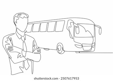 Single one line drawing male driver cross hand on chest. Repairs have been made. The bus will be out of the garage soon. Transit Driver Appreciation Day. Continuous line design graphic illustration