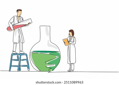 Single one line drawing male scientist pours liquid into a large measuring flask. Working together in the lab to conduct research. Celebrate Scientists Day. Continuous line design graphic illustration