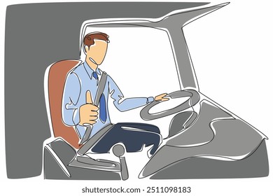 Single one line drawing male bus driver giving thumbs up gesture. Break time is over. Signal. Code. Ready to go on duty. Transit Driver Appreciation Day. Continuous line design graphic illustration