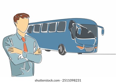 Uma única linha desenhando o motorista masculino cruzar a mão no peito. Foram feitos reparos. O ônibus sairá da garagem em breve. Dia de Apreciação do Motorista de Trânsito. Ilustração gráfica de design de linha contínua