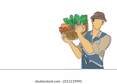 Uma única linha desenhando um fazendeiro masculino carregando cesta de rotim em seu ombro. Colheita de legumes. Terras agrícolas férteis. Dia Nacional da Agricultura. Ilustração gráfica de design de linha contínua