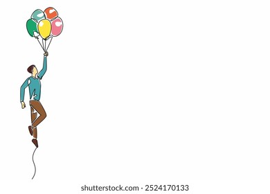 Single one line drawing the male worker standing holding lots of balloons. Celebration. Brilliance. Profitable projects abound. National Fun at Work Day. Continuous line design graphic illustration