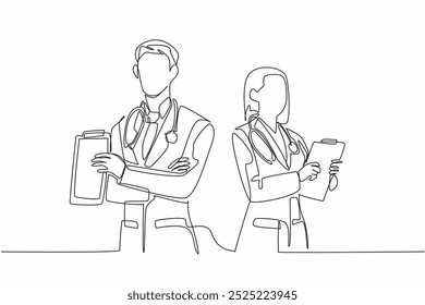 Single one line drawing male and female doctors holding clipboards. Make notes for the next doctor on duty. Medical records. The national of doctor day. Continuous line design graphic illustration