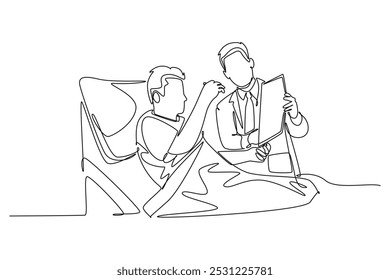 Single one line drawing male doctor discuss positive health progress with old cancer patient who laying on hospital bed. Medical care services. Continuous line draw design graphic vector illustration