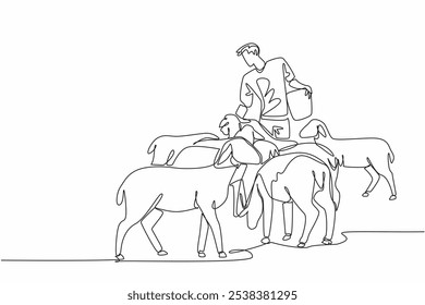 Single one line drawing male energetic farmer is feeding from a bucket to a crowd of sheep. Very obedient livestock. Persistent. National Farm Animals Day. Continuous line design graphic illustration