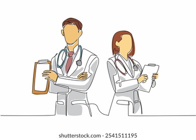 Single one line drawing male and female doctors holding clipboards. Make notes for the next doctor on duty. Medical records. The national of doctor day. Continuous line design graphic illustration