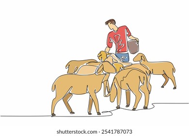 Single one line drawing male energetic farmer is feeding from a bucket to a crowd of sheep. Very obedient livestock. Persistent. National Farm Animals Day. Continuous line design graphic illustration