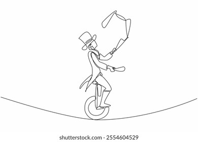 Single one line drawing male juggler juggling clubs on a unicycle and on a rope.  The experienced professional. Great balance. International Jugglers Day. Continuous line design graphic illustration