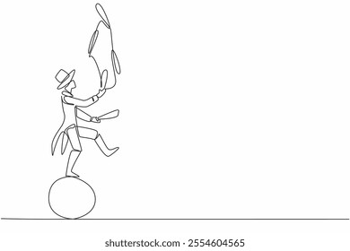 Single one line drawing male juggler playing juggling club on a large rubber ball. Bold and great action. Amaze the audience. International Jugglers Day. Continuous line design graphic illustration